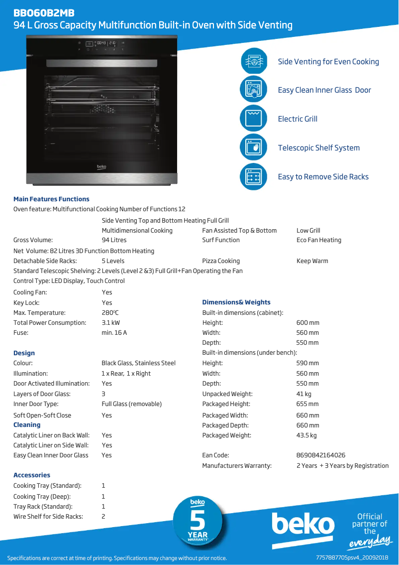 Page n°1 - Fiche technique Beko BBO60B2MB
