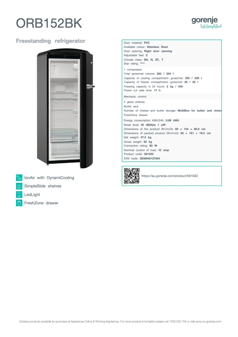 Page 1 de la notice Fiche technique Gorenje ORB152BK