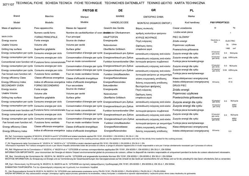 Page 1 de la notice Fiche technique Bertazzoni F6011PROPLX