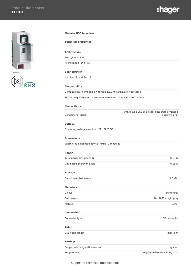 Page 1 de la notice Fiche technique Hager TH101