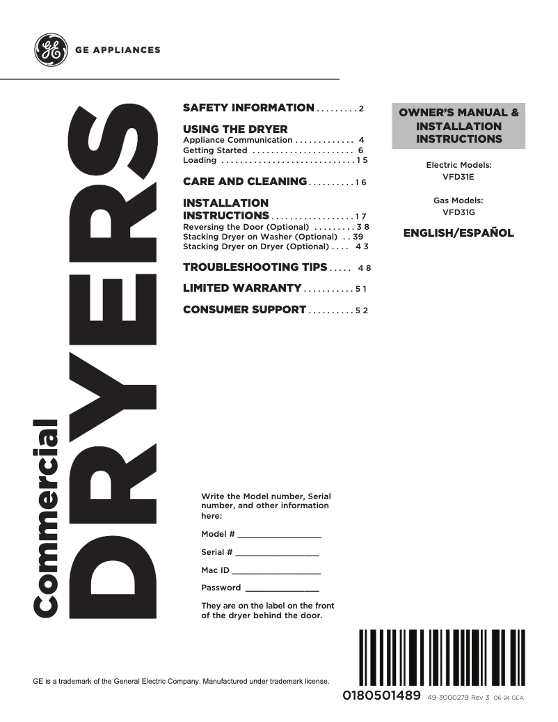 Page 1 de la notice Guide d'installation GE VFD31GDSRWW