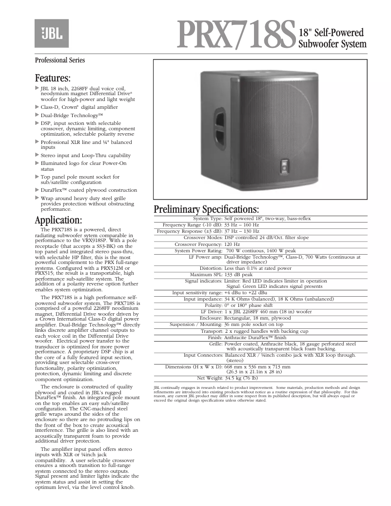 Page n°1 - Fiche technique JBL PRX718S