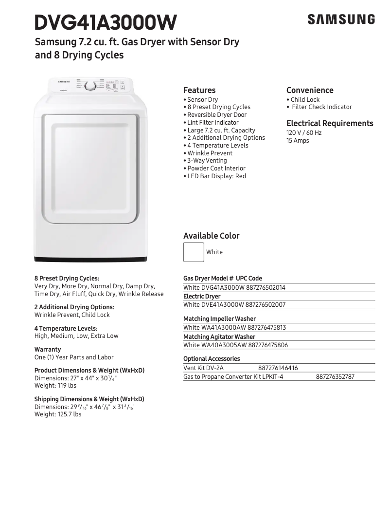 Page n°1 - Fiche technique Samsung DVG41A3000W