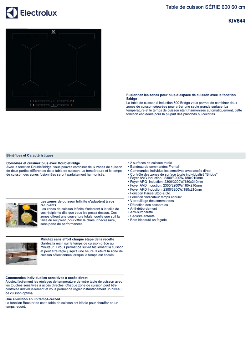 Page 1 de la notice Fiche technique Electrolux KIV644
