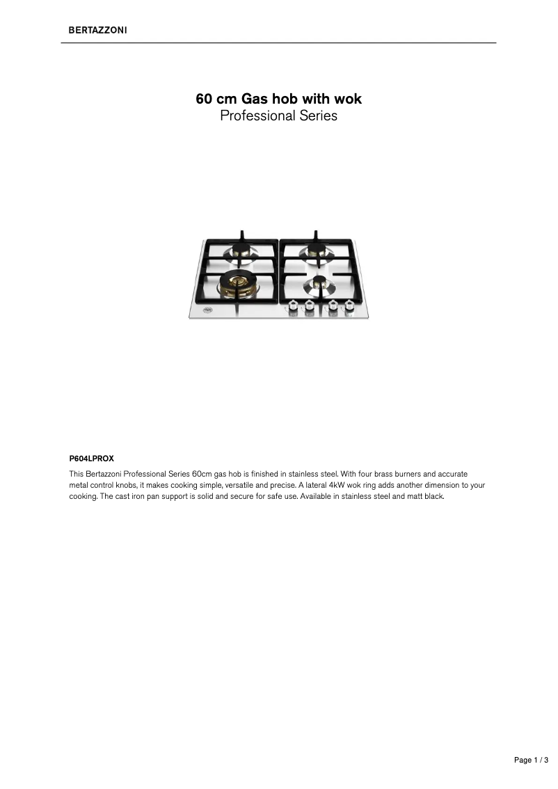 Page n°1 - Fiche technique Bertazzoni P604LPROX