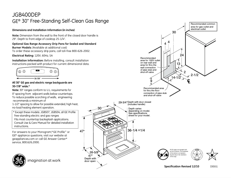 Page n°1 - Fiche technique GE JGB400DEPWW