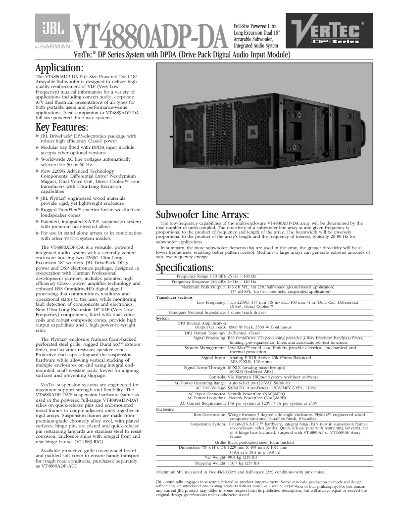 Page 1 de la notice Fiche technique JBL VT4880ADP