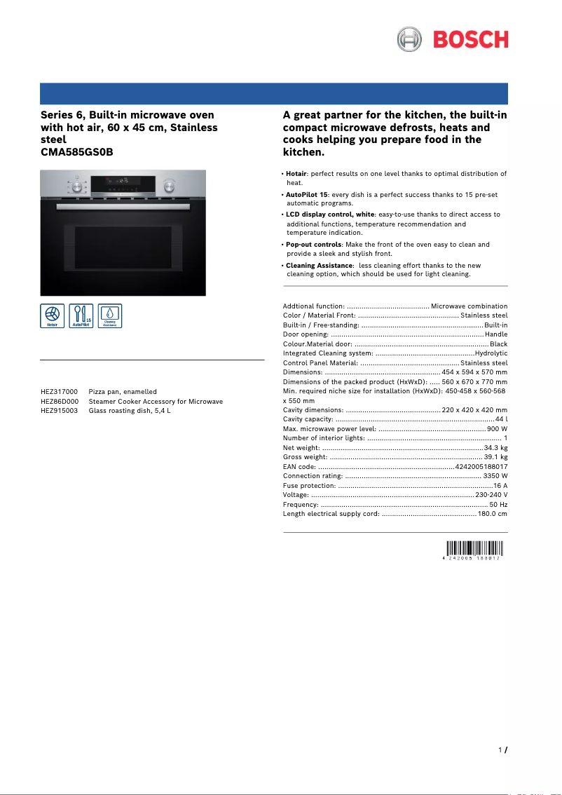 Page 1 de la notice Fiche technique Bosch CMA585GS0B