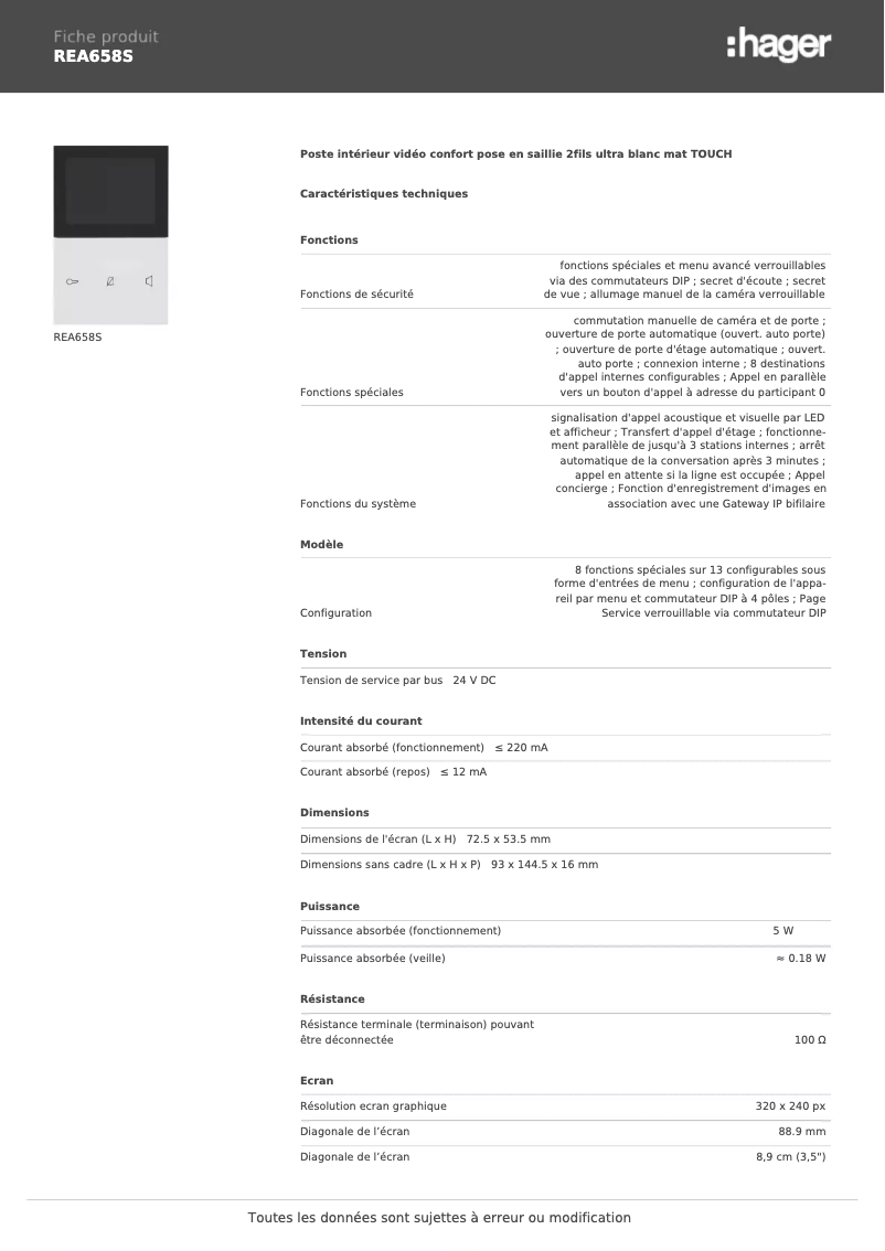 Page 1 de la notice Fiche technique Hager REA658S