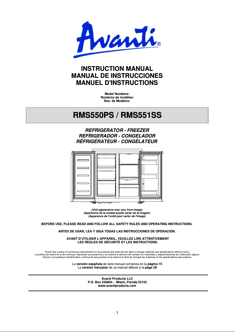 Page 1 de la notice Manuel utilisateur Avanti RMS551SS