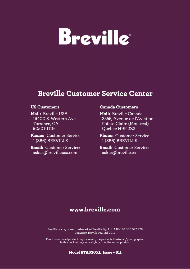 Page n°1 - Manuel utilisateur Breville BTA630XL