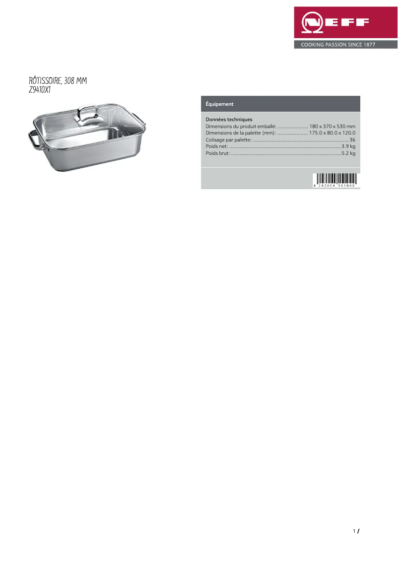 Página 1 del manual Ficha técnica Neff Z9410X1