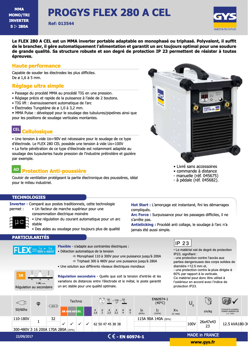 Page 1 de la notice Fiche technique GYS Progys Flex 280A CEL