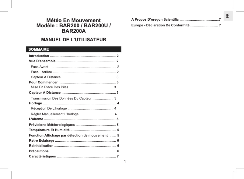 Image de la première page du manuel de l'appareil BAR200