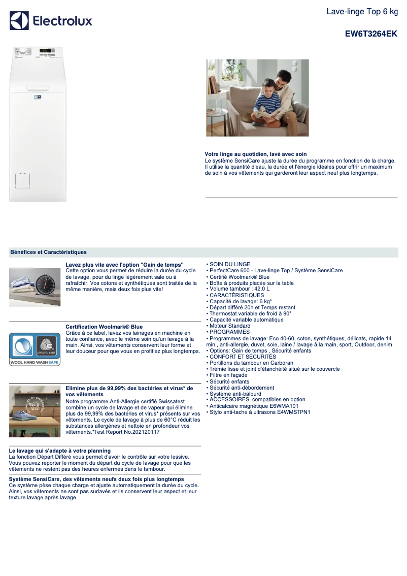 Page 1 de la notice Fiche technique Electrolux EW6T3264EK