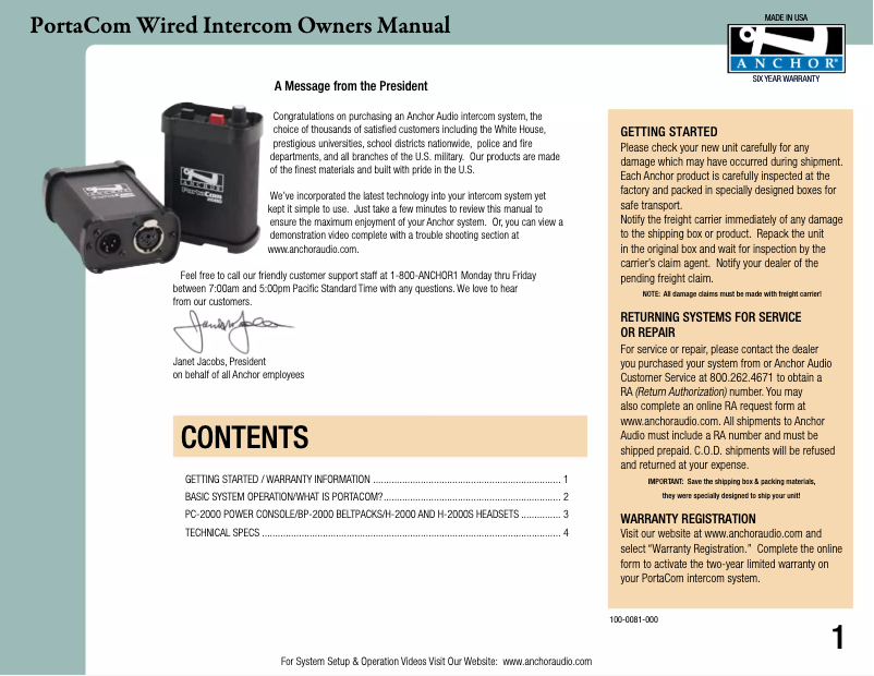 Page n°1 - Manuel utilisateur Anchor Audio COM-60FC/3D3S