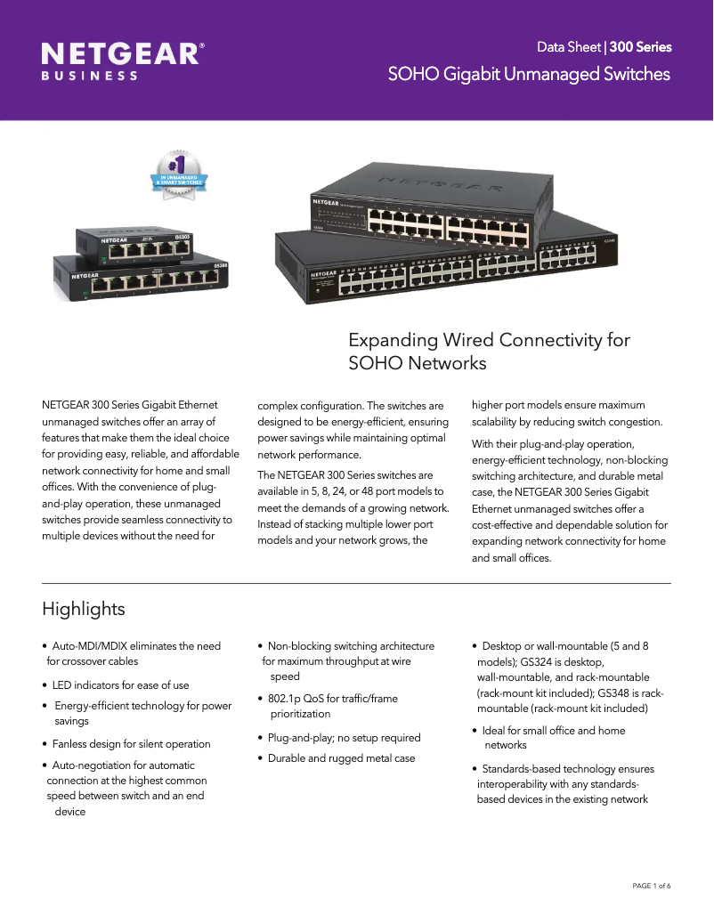 Página 1 del manual Ficha técnica Netgear GS348