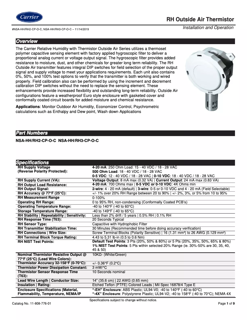 Page n°1 - Manuel utilisateur Carrier NSA-OA-RH