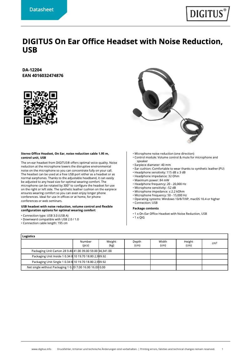 Page 1 de la notice Fiche technique Digitus DA-12204
