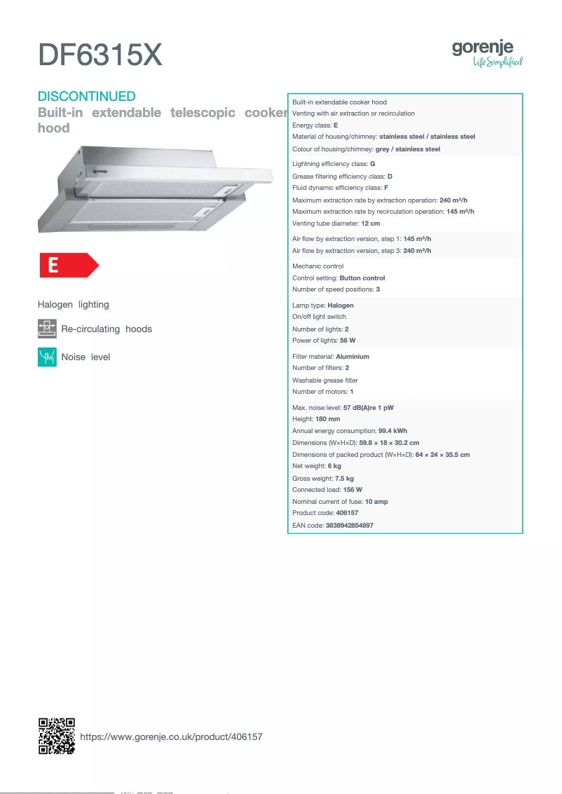 Page 1 de la notice Fiche technique Gorenje DF6315X
