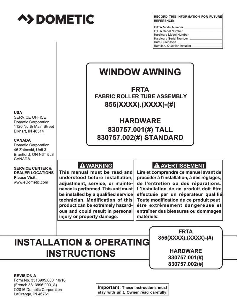Page n°1 - Guide d'installation Dometic Window Awning