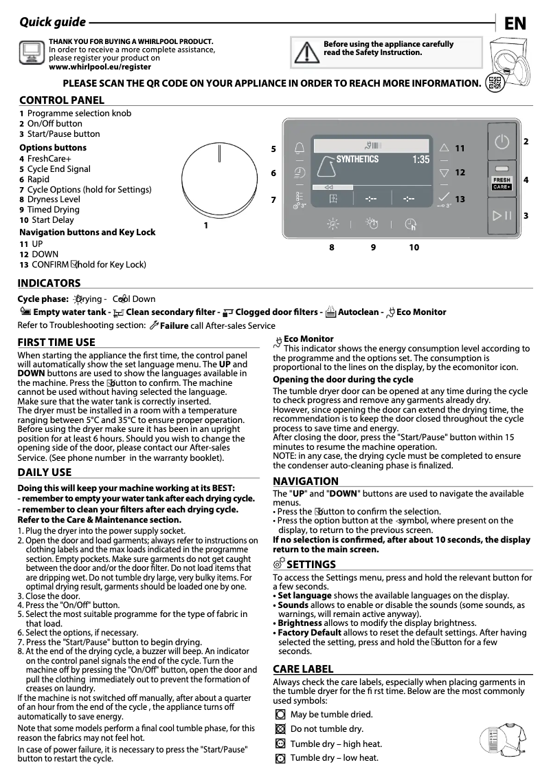 Página 1 del manual Guía de instalación Whirlpool W7 D94WB CS