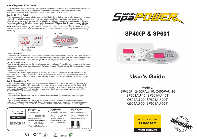 Page 1 de la notice Manuel utilisateur Davey SpaPower Spa Control SP601