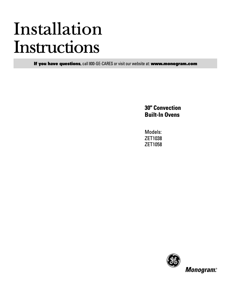 Page 1 de la notice Guide d'installation GE ZET1038SFSS