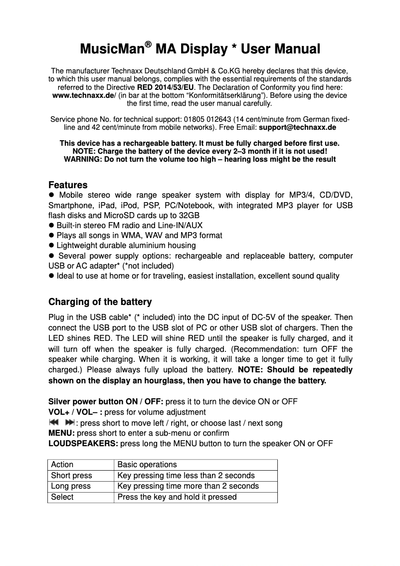 Page 1 de la notice Manuel utilisateur MusicMan MA Display