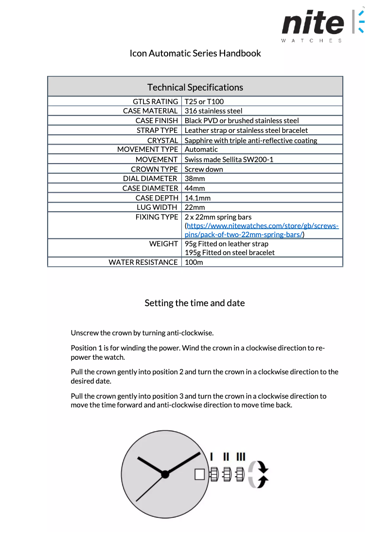 Page 1 de la notice Manuel utilisateur Nite Icon-208 Blue T100 Automatic