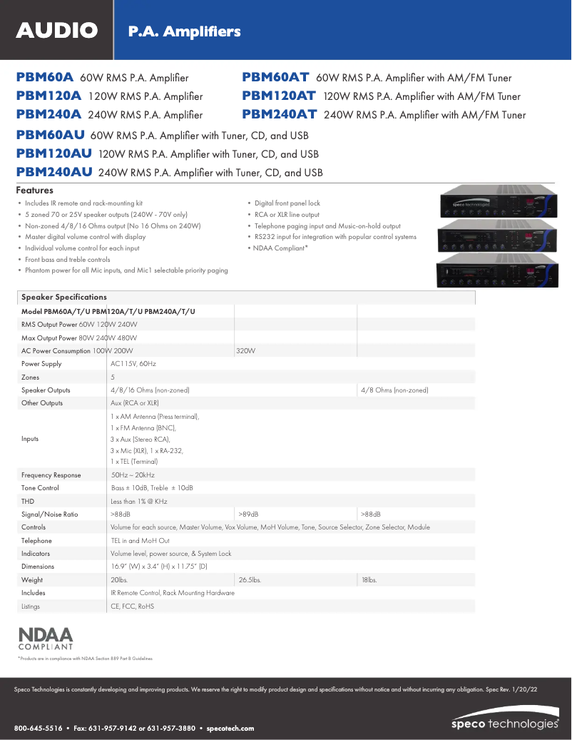 Page n°1 - Fiche technique Speco Technologies PBM120AU