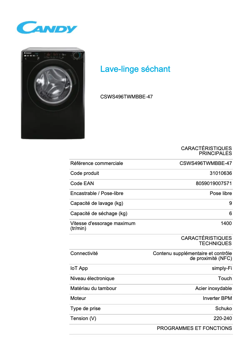 Page n°1 - Fiche technique Candy CSWS496TWMBBE-47