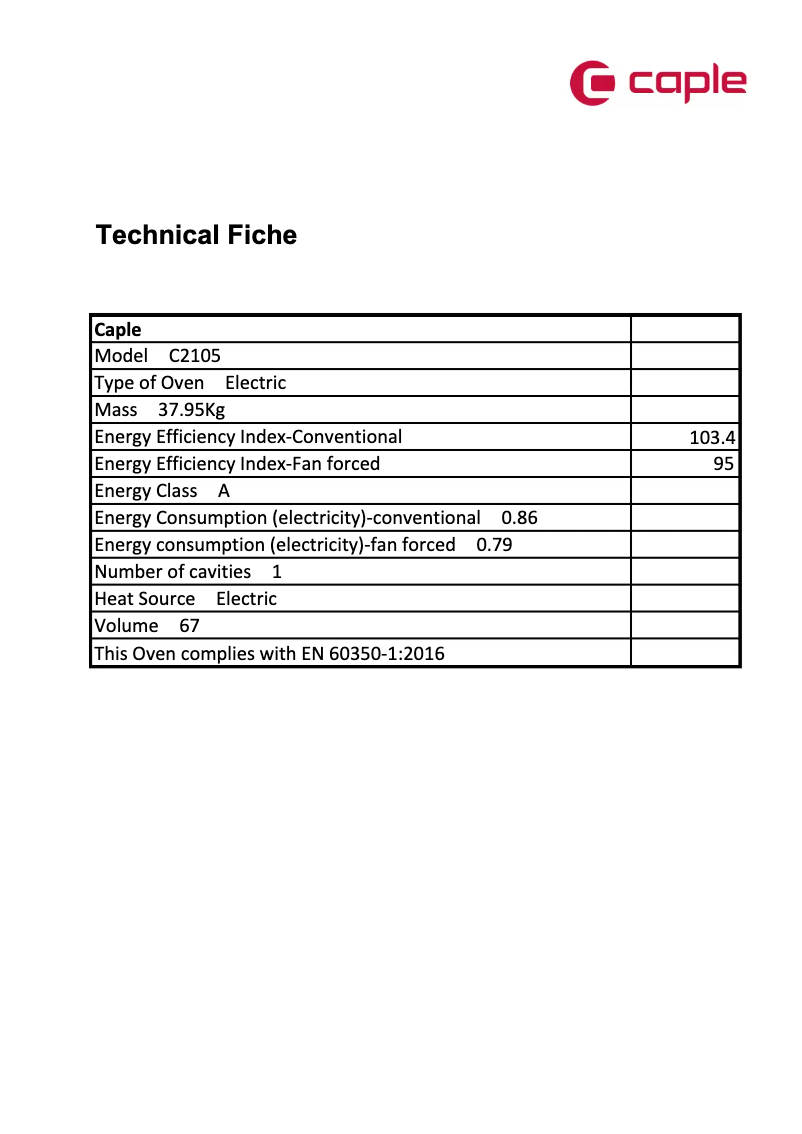 Page n°1 - Fiche technique Caple C2105