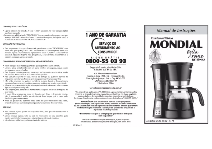 Page 1 de la notice Manuel utilisateur Mondial Bella Arome C-14