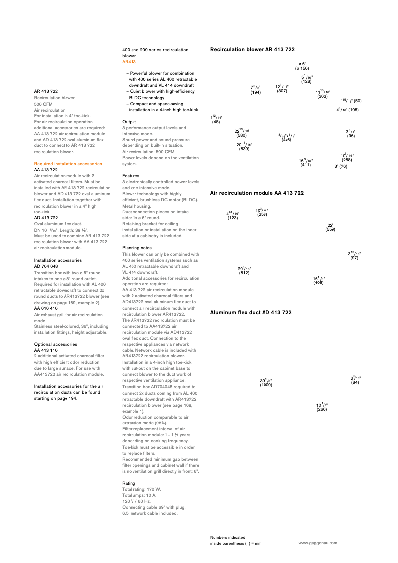 Page 1 de la notice Fiche technique Gaggenau AR413722