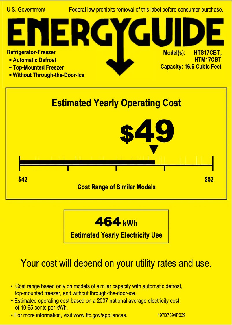 Page 1 de la notice Label énergétique Hotpoint HTS17CBTBB