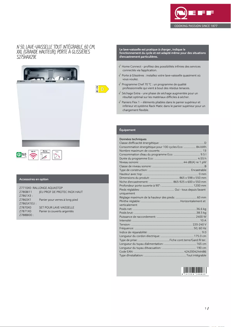 Page 1 de la notice Fiche technique Neff S275HAX29E