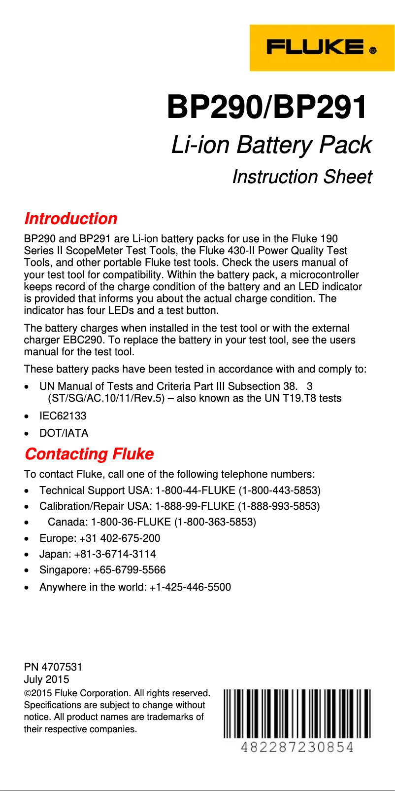 Page 1 de la notice Instructions / montage Fluke BP291