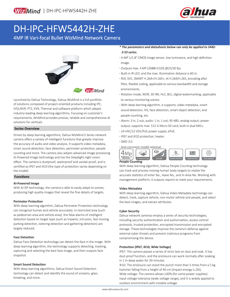 Page 1 de la notice Fiche technique Dahua Technology IPC-HFW5442H-ZHE