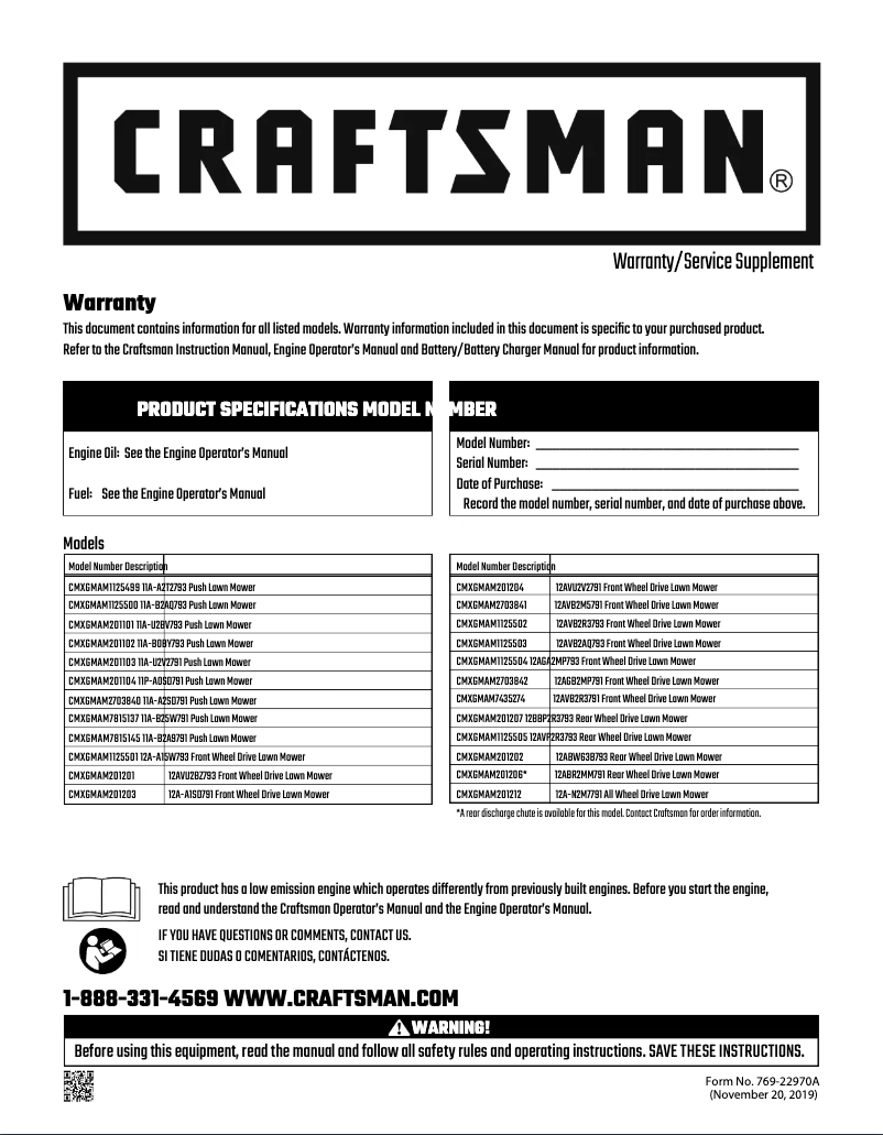 Page 1 de la notice Manuel utilisateur Craftsman CMXGMAM201102