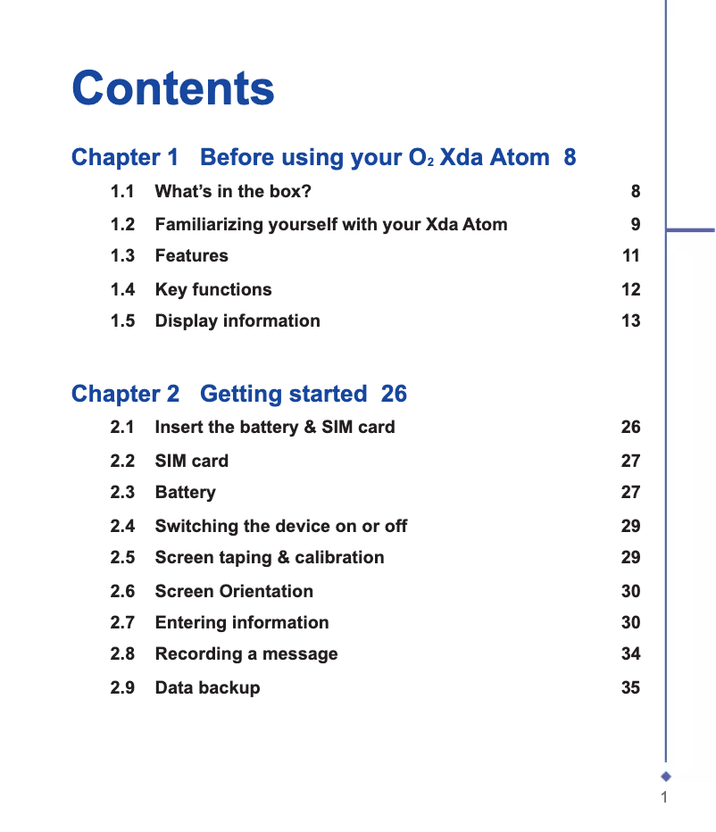 Image de la première page du manuel de l'appareil XDA Atom