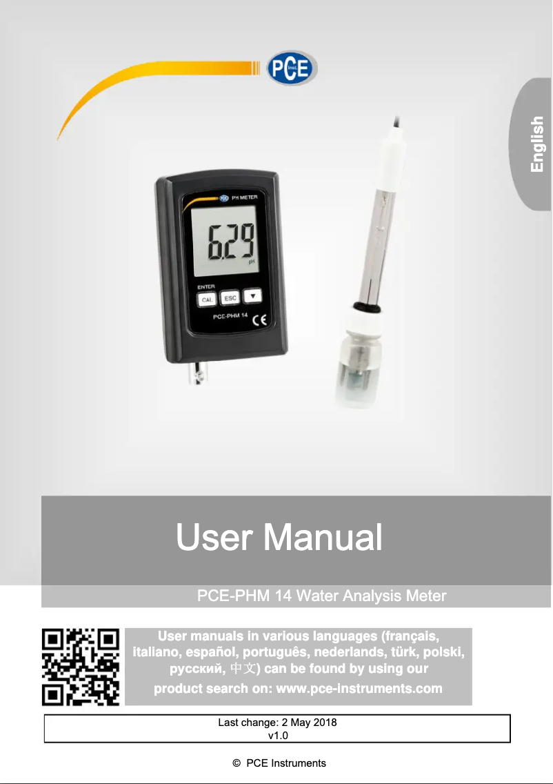 Page n°1 - Manuel utilisateur PCE Instruments PCE-PHM 14
