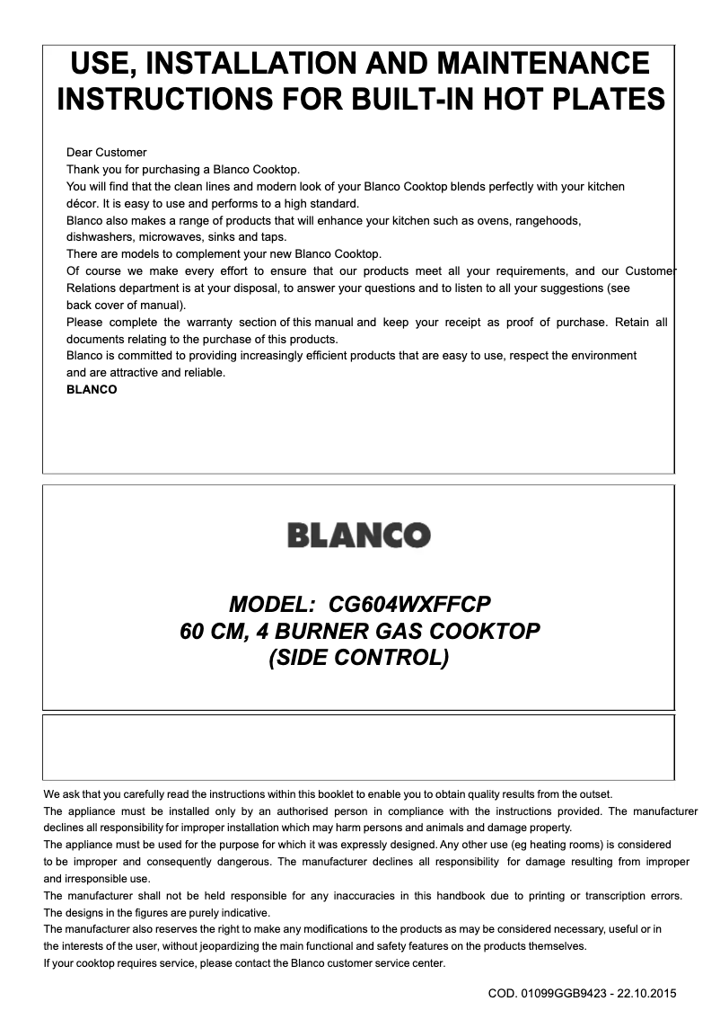 Page n°1 - Manuel utilisateur BLANCO CG604WXFFCP