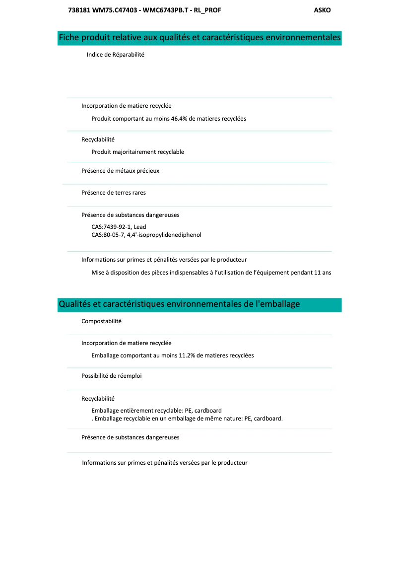 Page 1 de la notice Fiche technique Asko WMC6743PB.T