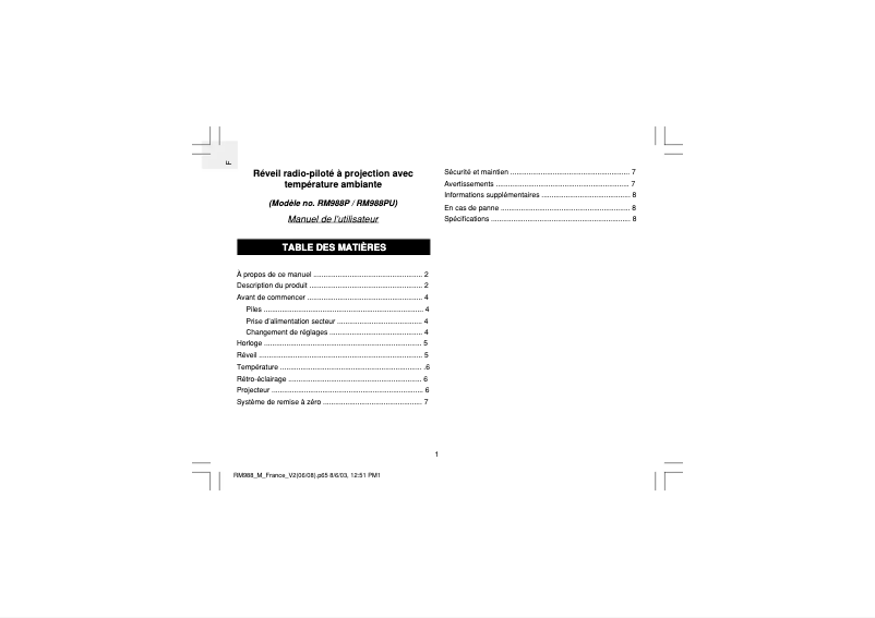 Image de la première page du manuel de l'appareil RM988P