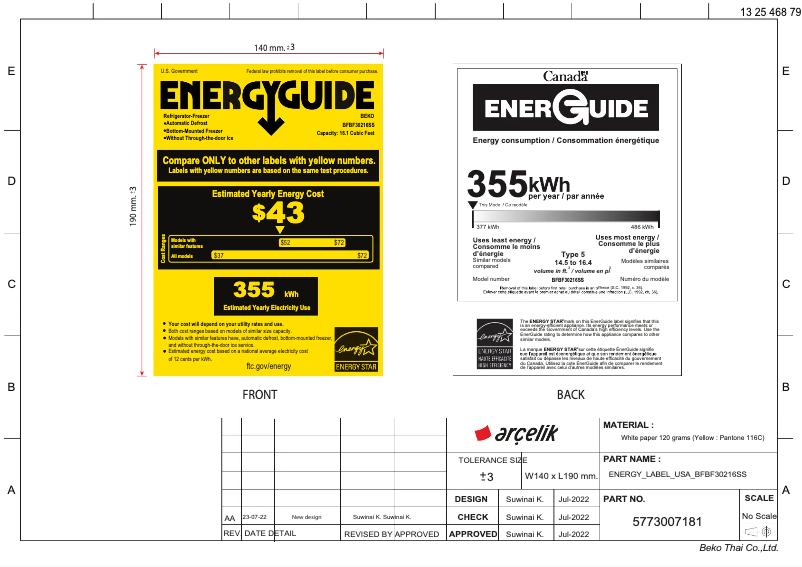 Page 1 de la notice Label énergétique Beko BFBF30216SS