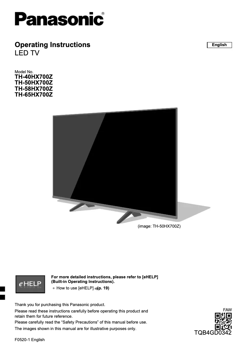 Image de la première page du manuel de l'appareil TH-65HX700Z