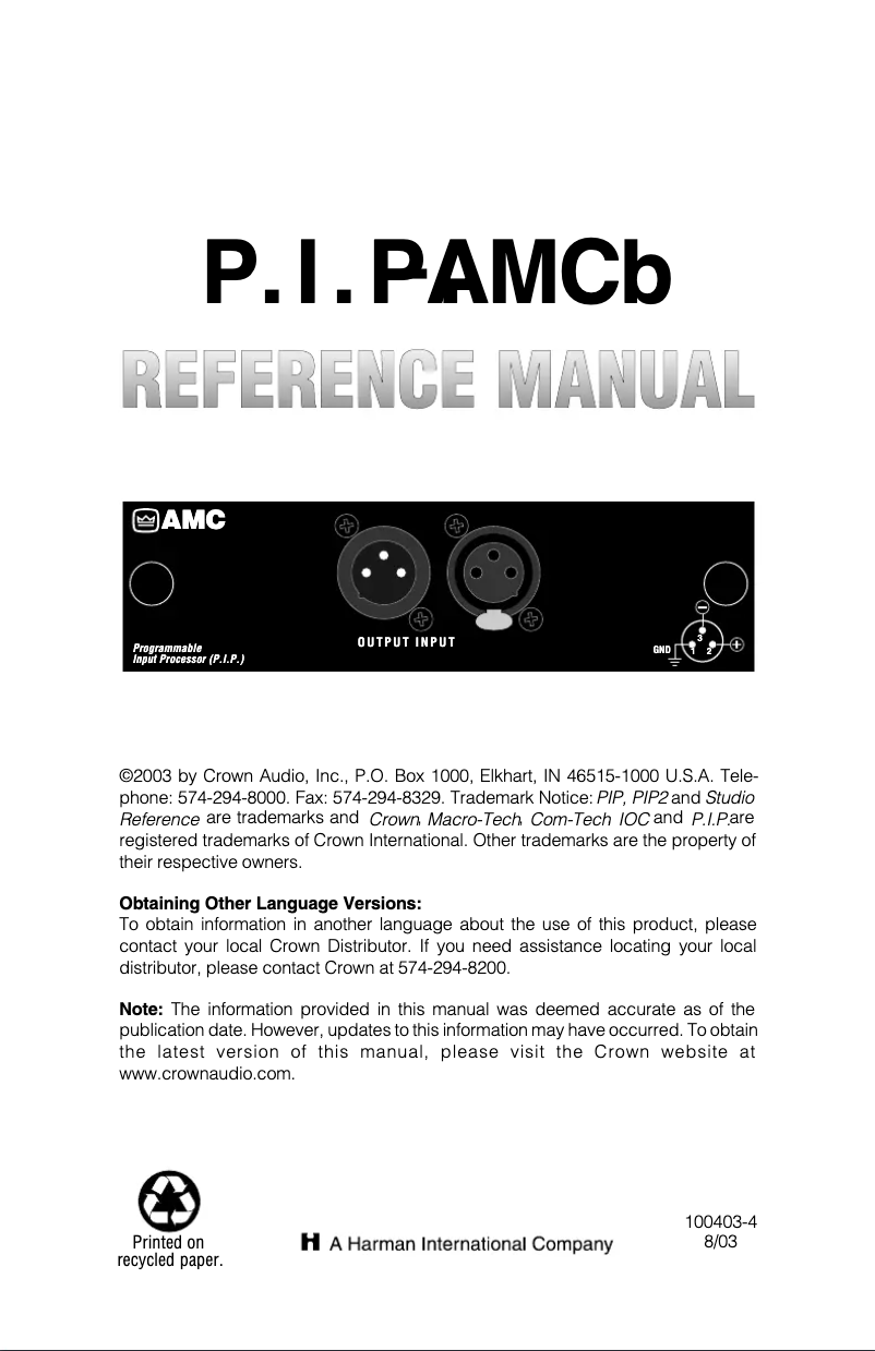 Page n°1 - Manuel utilisateur Crown P.I.P.-AMCb