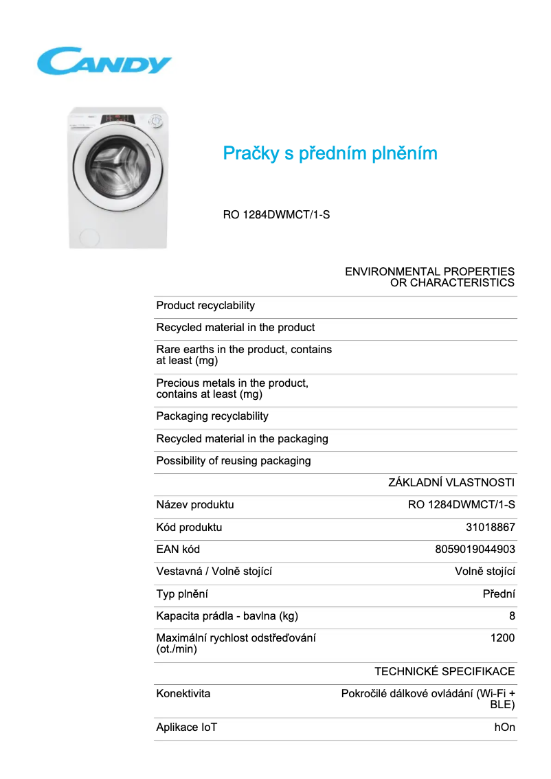 Page 1 de la notice Fiche technique Candy RO 1284DWMCT/1-S