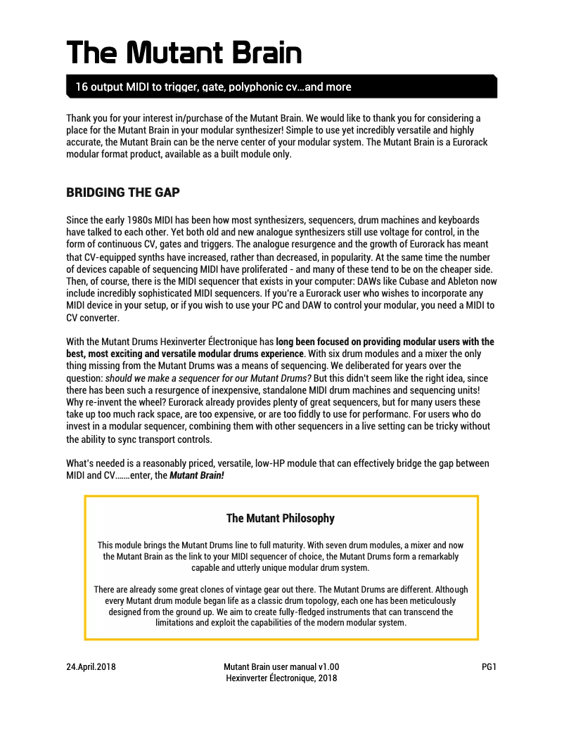 Page 1 de la notice Manuel utilisateur Hexinverter Electronique The Mutant Brain